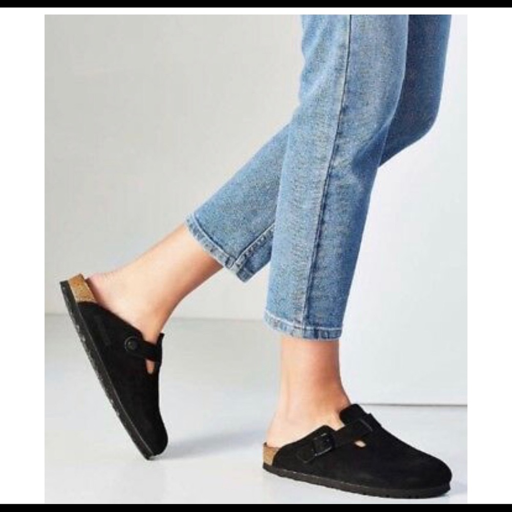 Black suede closed toe Birkenstock’s